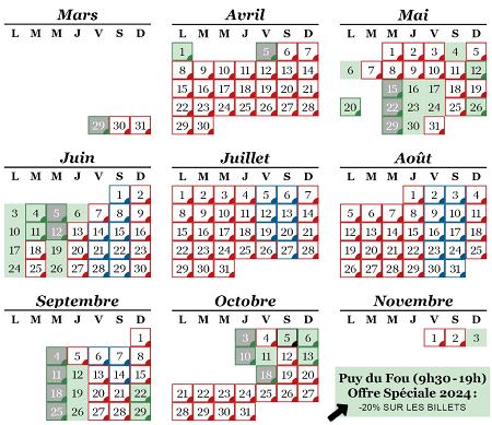 Calendrier Puy du Fou 2024 periode verte billets moins chers